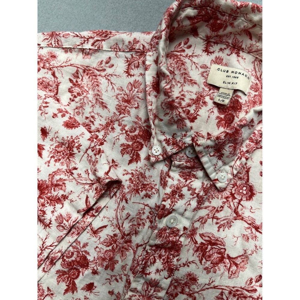NWOT Club Monaco Linen Shirt Mens Large Red Floral Toile Button Up Slim Fit